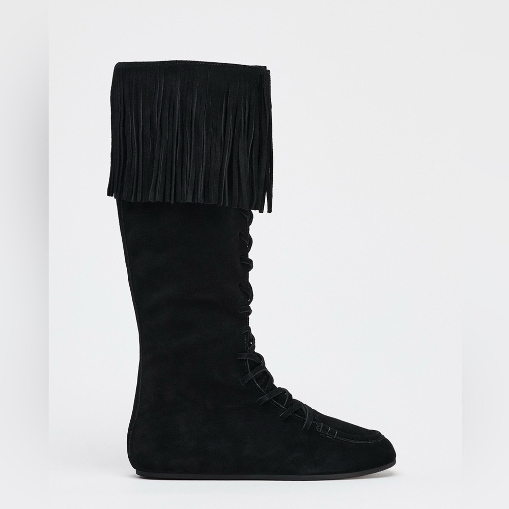 Zara Suede Leather Fringe Lace-Up Flat Tall Boots, 10 NW, Black